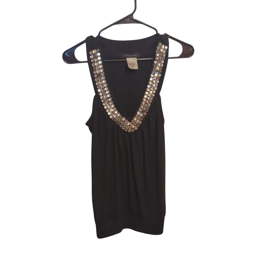 Fleurish Women's Size Medium Vintage Y2K Black Sparkly Tank Jeweled Neckline